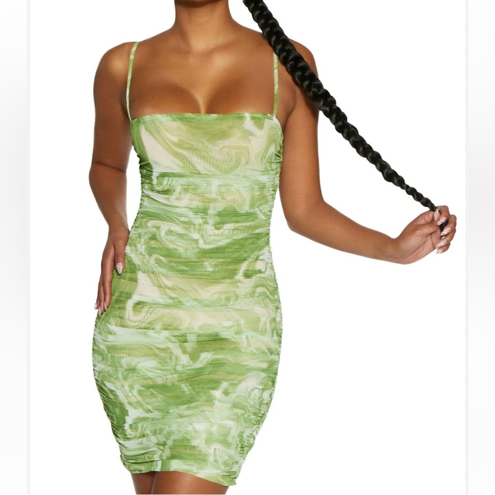 Naked Wardrobe Green Ruched Bodycon Mini Dress Size Medium